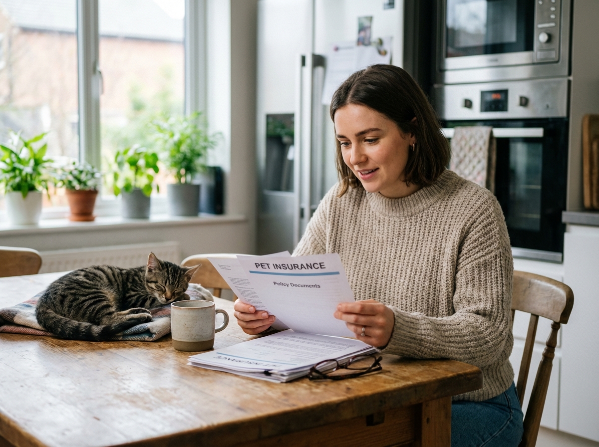 Jeune femme vérifiant documents d'assurance pour animaux