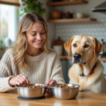 Femme souriante avec labrador dans cuisine lumineuse