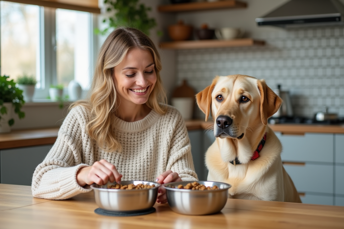Femme souriante avec labrador dans cuisine lumineuse