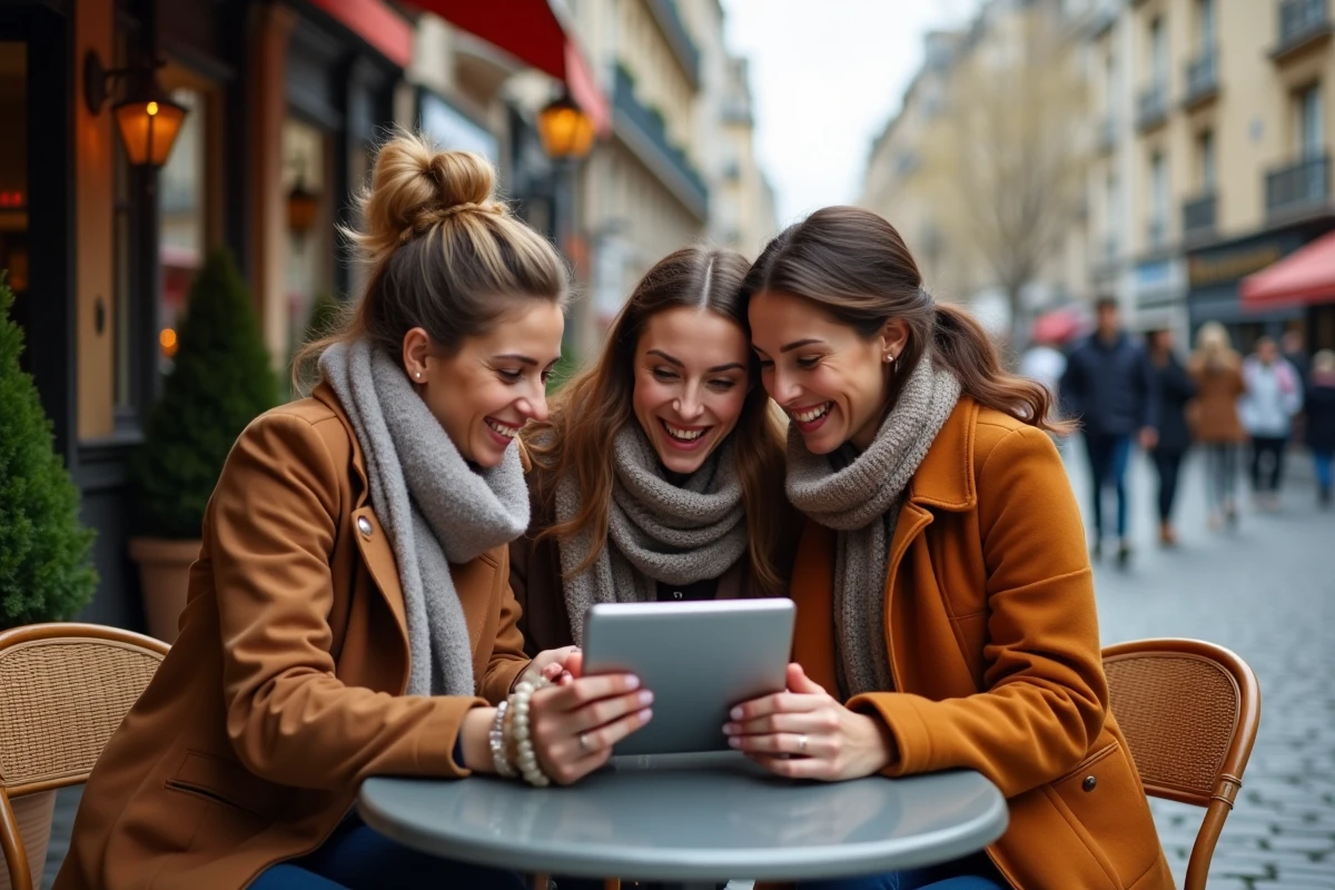 Trois femmes réunies à une terrasse de café parisien autour d'une tablette affichant un réseau social pour amateurs de chats, riant et partageant leurs découvertes