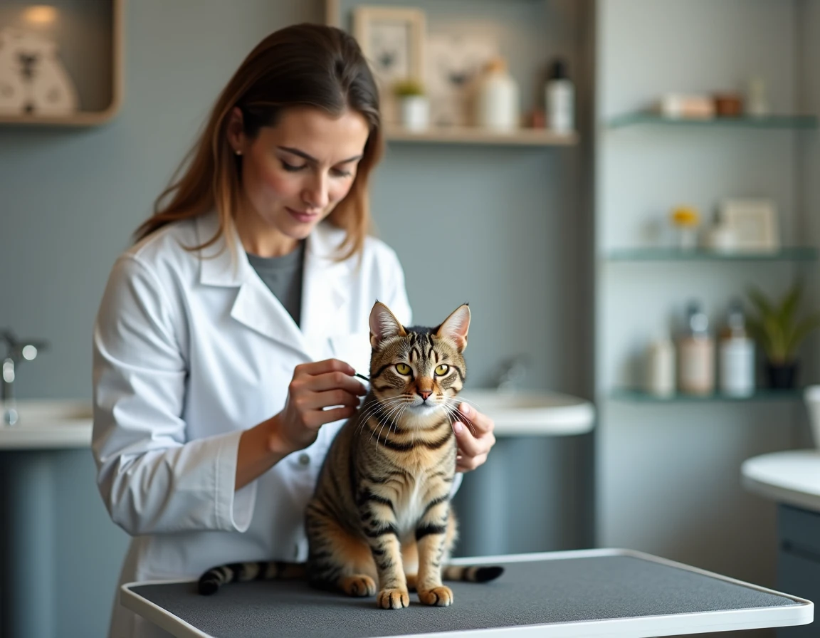Toiletteuse de Flair'allure Institut de Toilettage Canin et Félin à Villeurbanne taillant un chat domestique