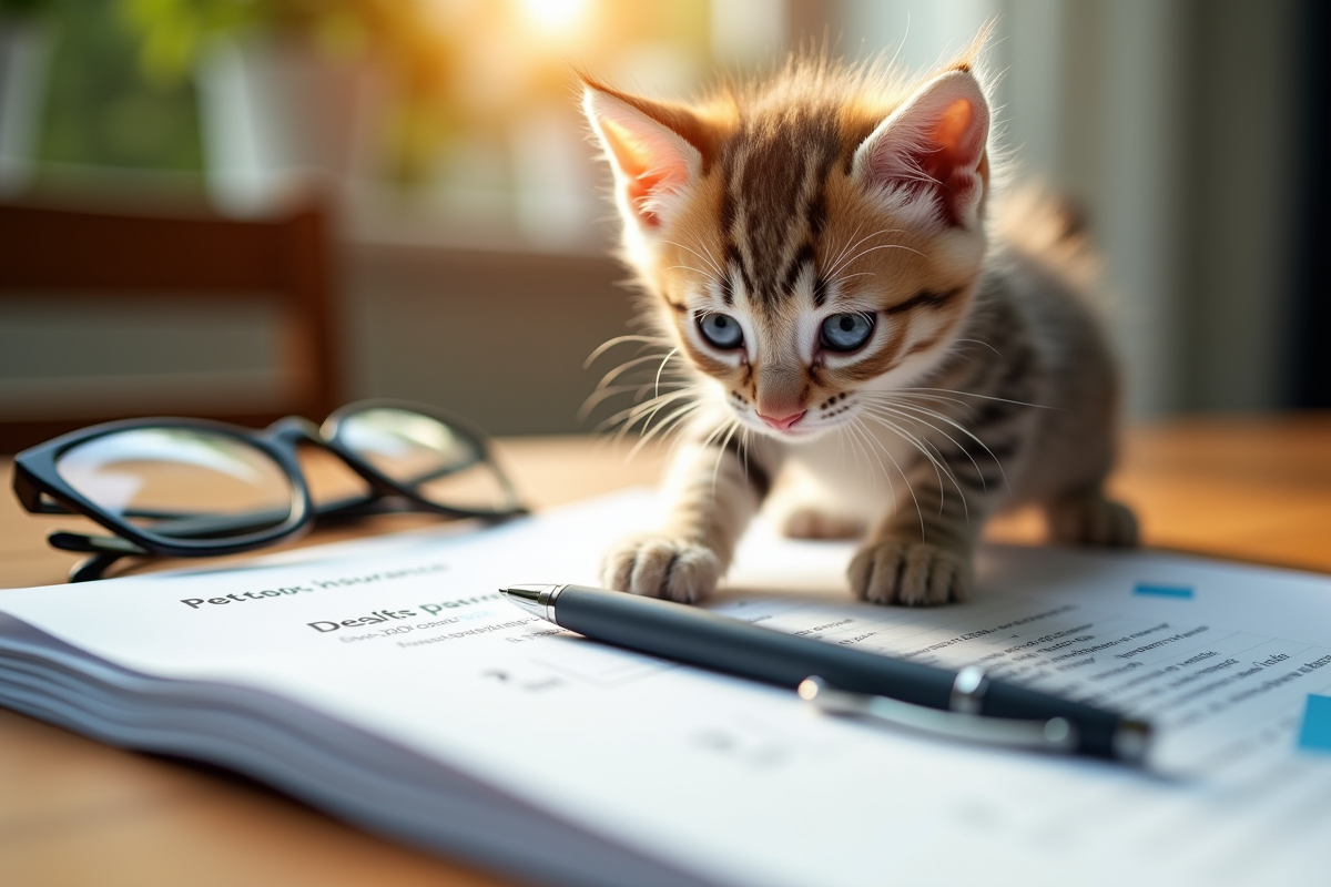 Chaton jouant avec un stylo sur une table en bois avec des formulaires d