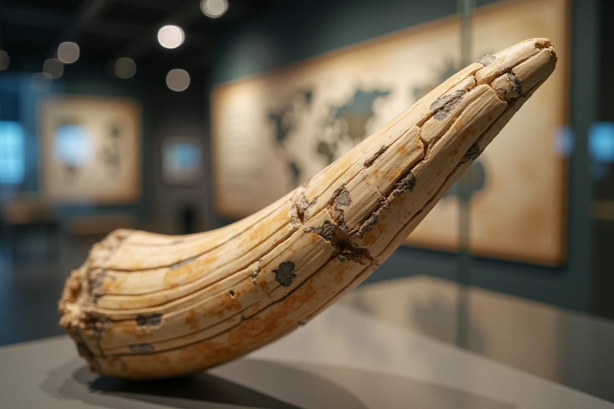 Fragment de défense de mammouth conservé dans une vitrine de musée, mettant en valeur la texture ivoire et les marques du temps liés à l'extinction des mégafaunes préhistoriques