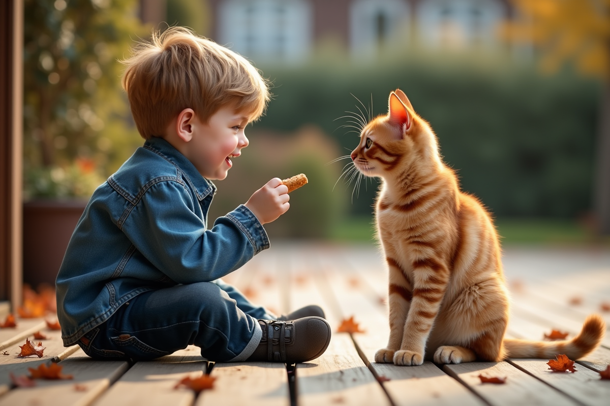 Jeune garçon offrant une friandise à un chat orange sur la terrasse