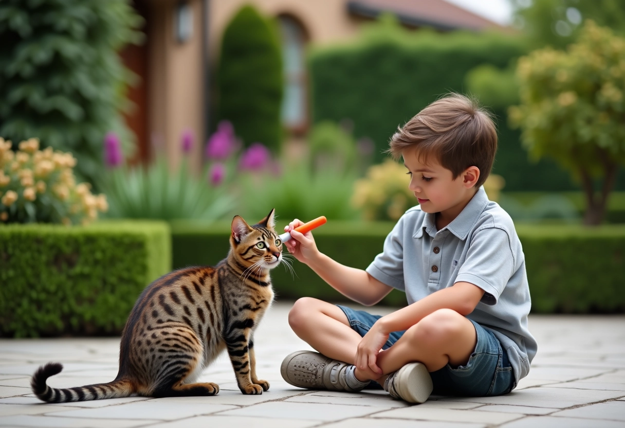 Adolescent brossant un chat egyptien mau en extérieur dans un jardin