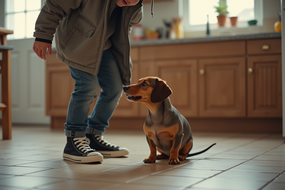 Adolescent tentant de faire traverser un chien dans la cuisine