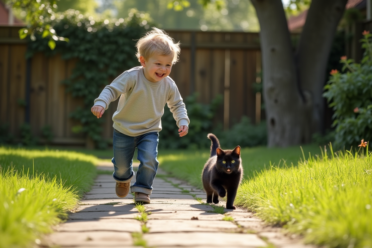 Garçon jouant avec un chat noir dans le jardin