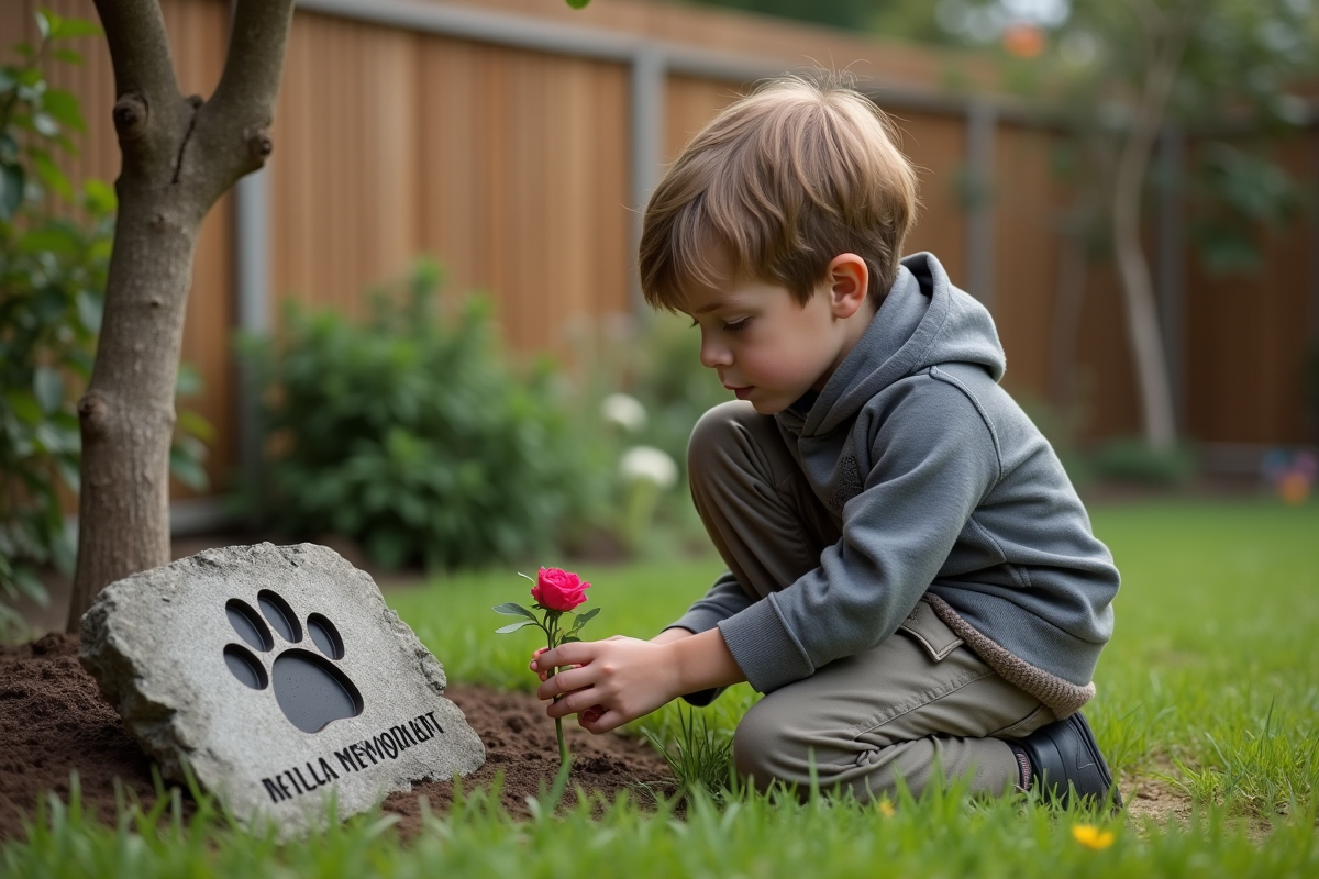 Garcon déposé une fleur sur la pierre tombale du chat