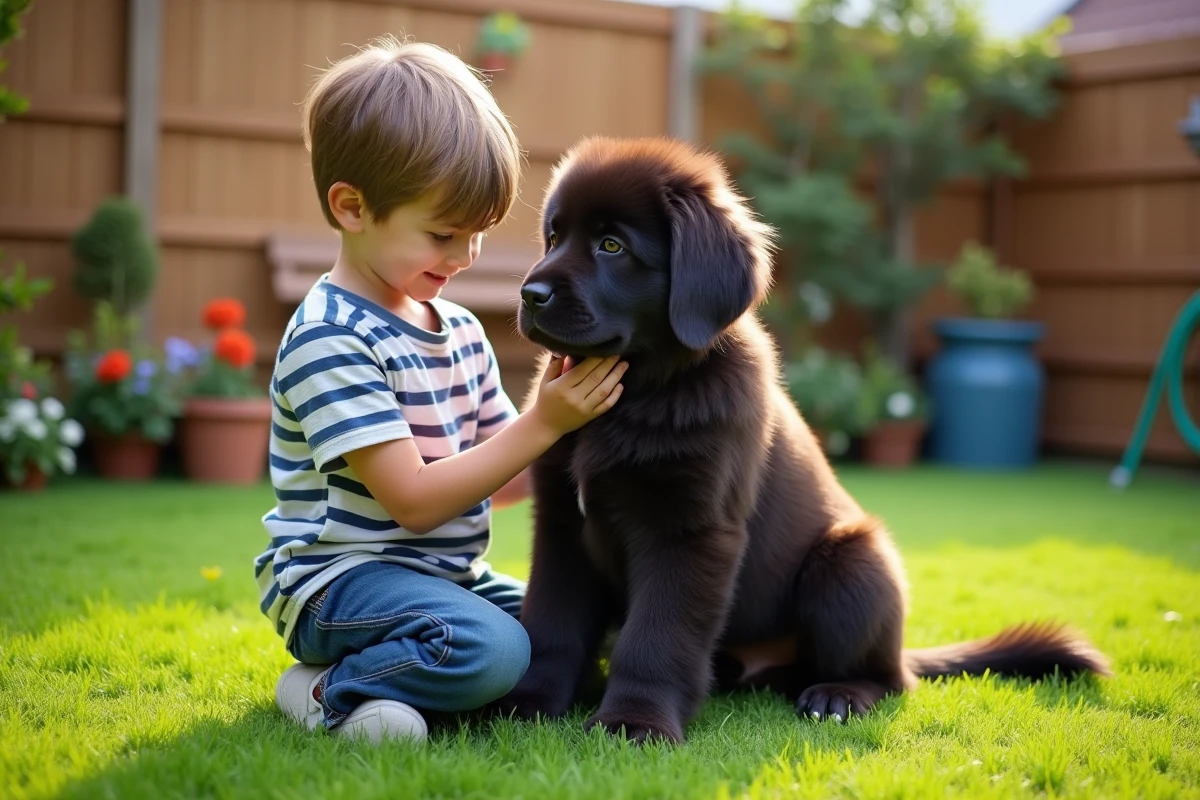 Garçon de huit ans brossant un chiot Newfoundland dans le jardin