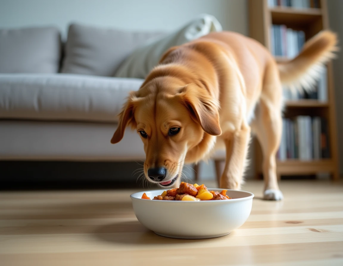 Golden retriever en bonne santé mangeant un repas frais dans un bol en céramique, résultats santé alimentation Dogfy Diet Dog Chef