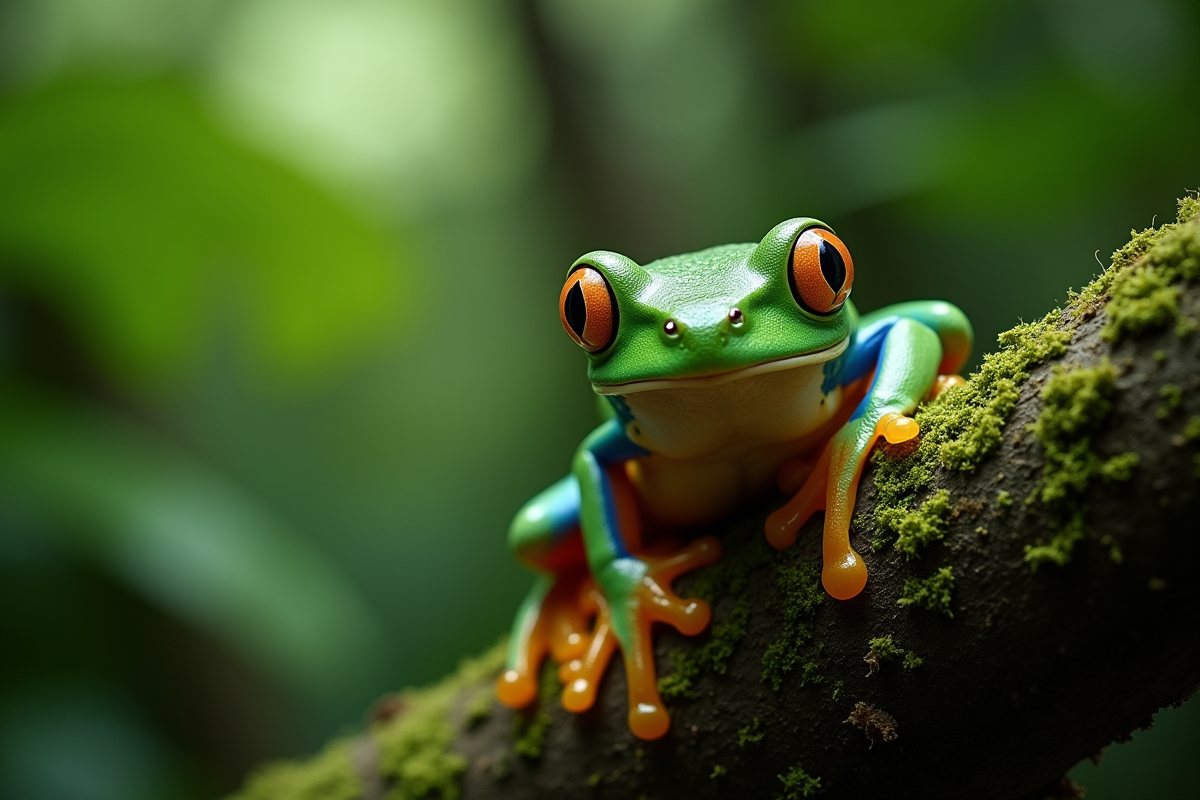 Grenouille verte perchée sur une branche dans la forêt tropicale