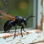 Gros insecte noir volant posé sur un cadre de fenêtre en bois d'une maison ancienne, vue macro détaillée