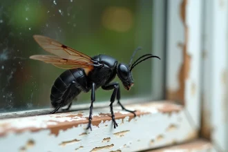 Gros insecte noir volant posé sur un cadre de fenêtre en bois d'une maison ancienne, vue macro détaillée