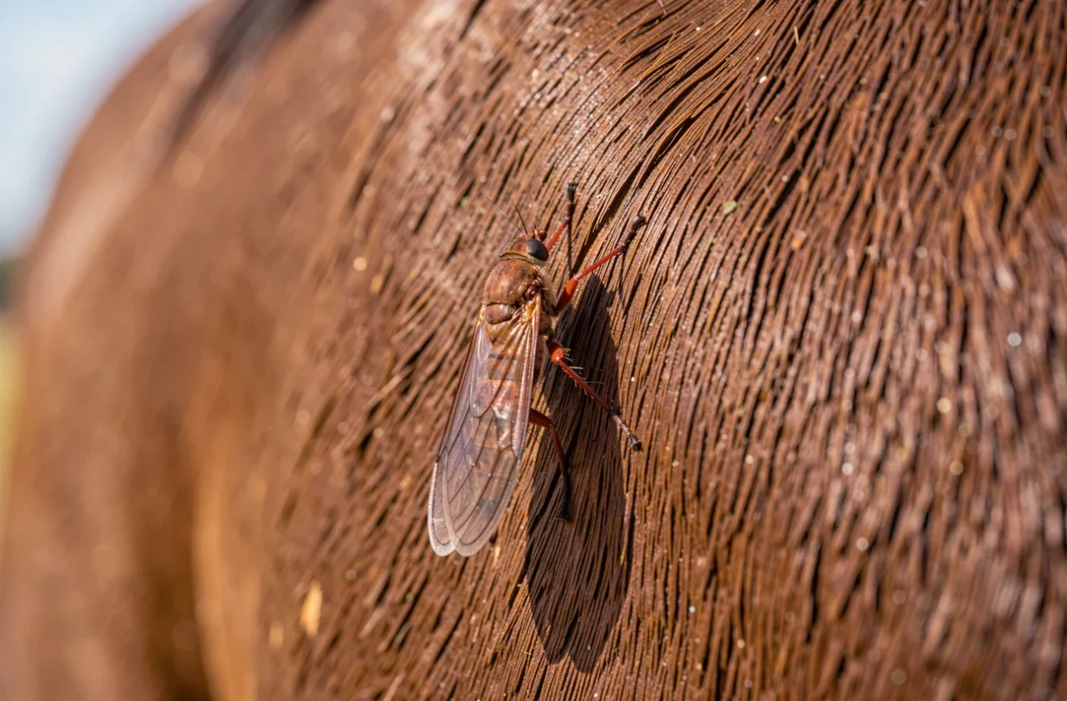 Gros plan d'une mouche plate brun rougeâtre sur un pelage de cheval