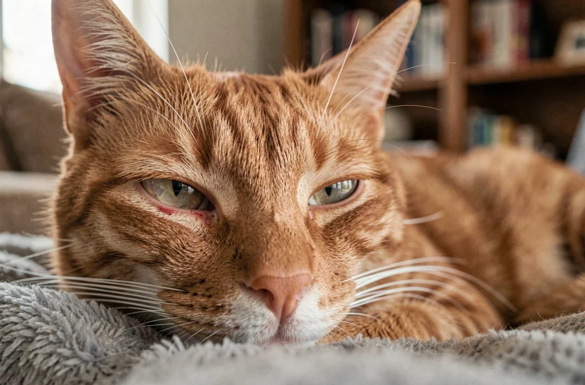Gros plan sur l'œil légèrement trouble d'un chat roux allongé sur une couverture grise à la maison