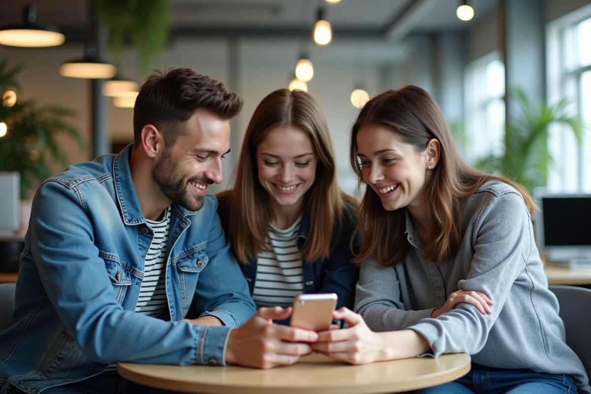 Groupe d'amis dans un espace coworking découvrant ensemble une plateforme de rencontres via un chat radio comme Cheri FM