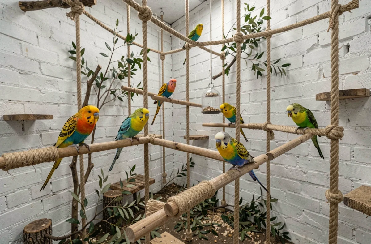 Groupe de perruches colorées vocalisant ensemble dans une salle intérieure aménagée avec des perchoirs en corde et des branches naturelles