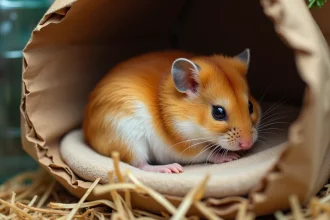 Hamster syrien doré en gestation reposant dans son nid douillet avec litière en papier, portrait macro réaliste illustrant les soins vétérinaires NAC