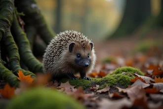 Hérisson sauvage sur un sentier forestier en automne, symbolisant un présage et une synchronicité avec la nature