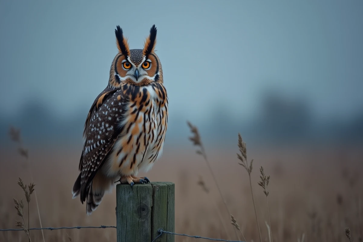 Hibou moyen-duc posé sur un piquet de clôture dans un champ, aigrettes bien visibles, regard intense vers l'objectif