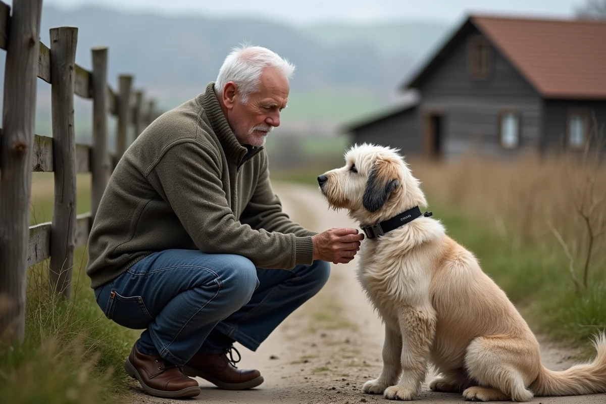 Homme âgé posant un collier GPS à un chien dans un paysage rural