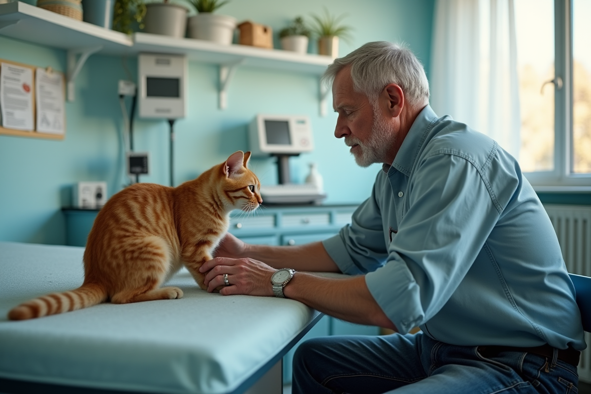 Homme âgé avec chat ginger dans une clinique vétérinaire