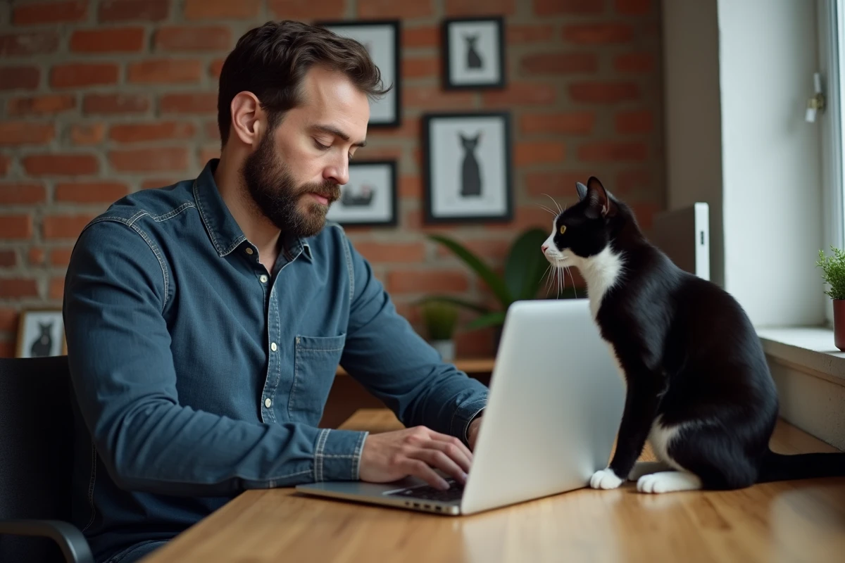 Homme barbu travaillant sur un ordinateur portable avec un chat en tuxedo perché sur son bureau, illustrant la communauté en ligne des amateurs de chats
