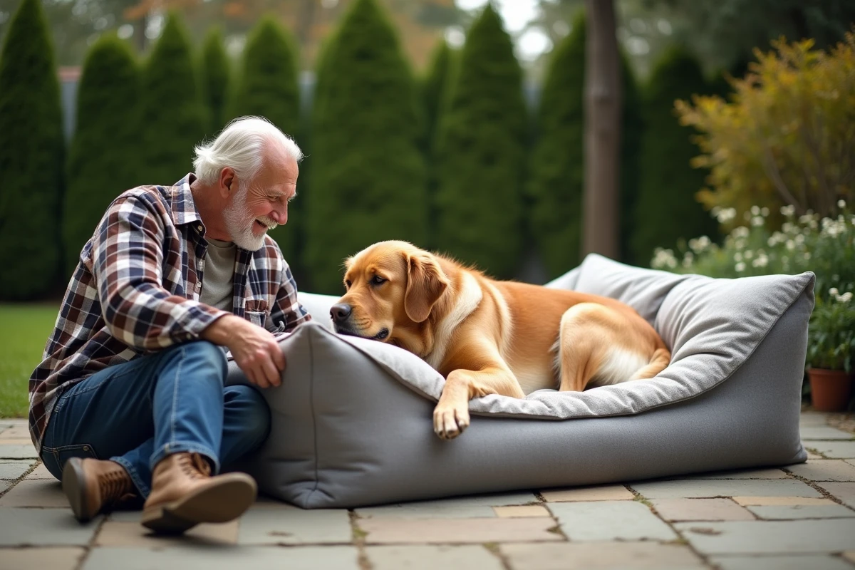 Homme âgé admirant son chien golden retriever sur un lit orthopédique