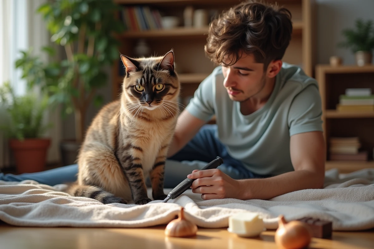 Homme brossant un chat egyptian mau sur un plaid dans le salon