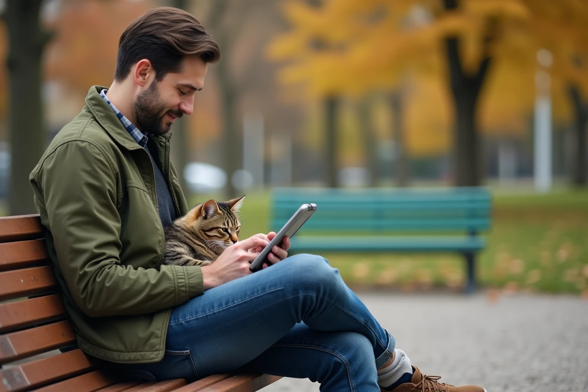 Homme lisant des actualités sur les animaux de compagnie avec son chat dans un parc urbain en automne