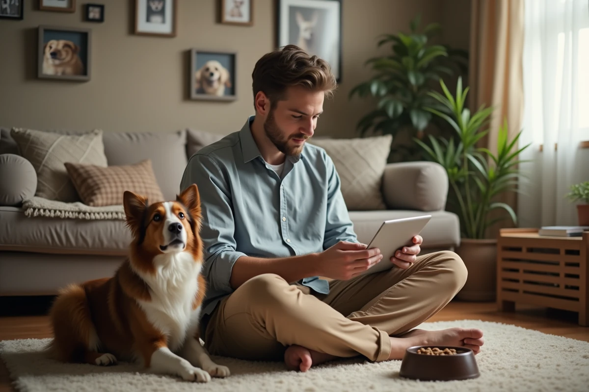 Jeune homme avec son chien regarde un tableau comparatif sur tablette