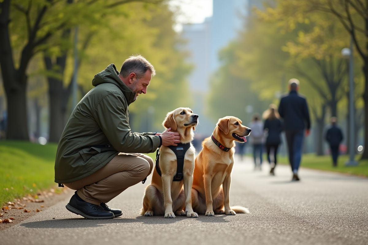 Homme ajustant harnais de chien dans un parc urbain animé