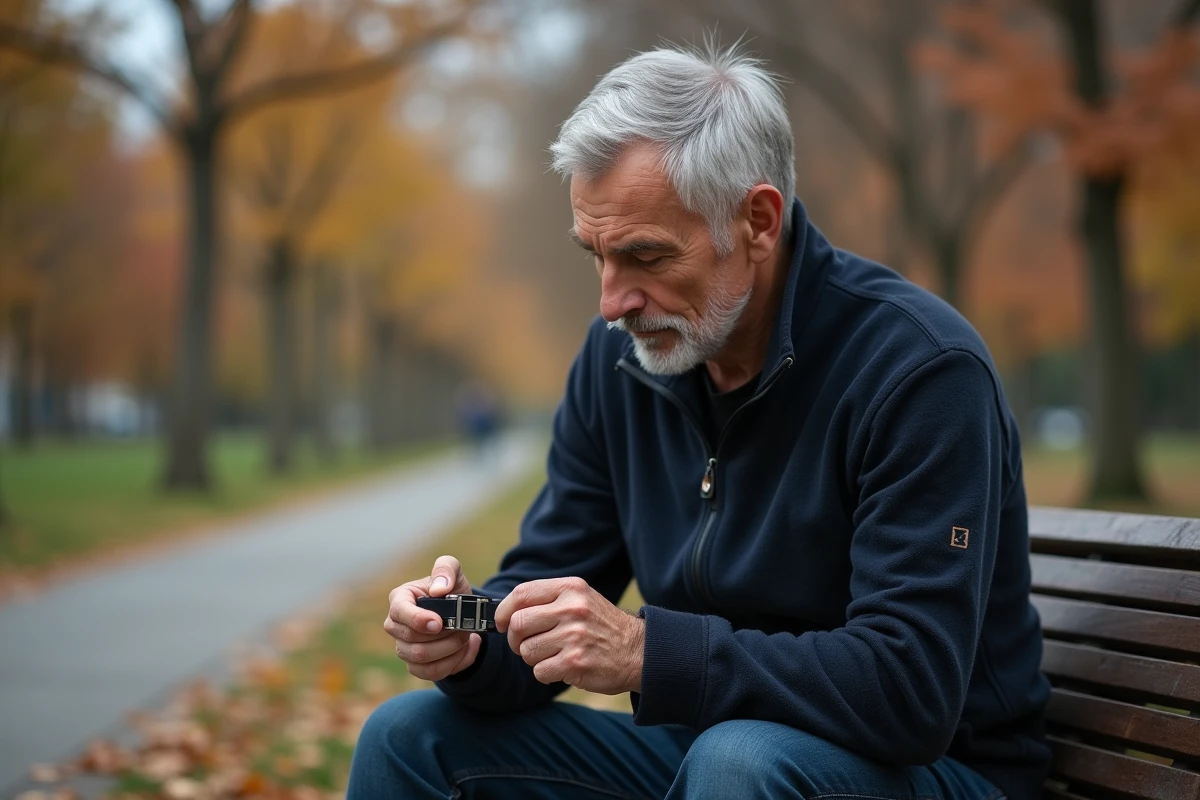 Homme mélancolique tenant un collier de chat vide dans un parc en automne, symbolisant la culpabilité après avoir confié son animal à une association