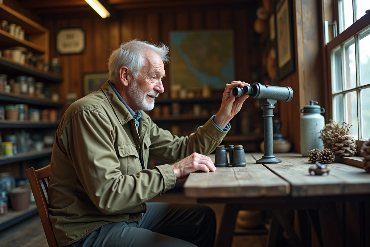 Homme inspectant des jumelles d'occasion dans une boutique de matériel outdoor