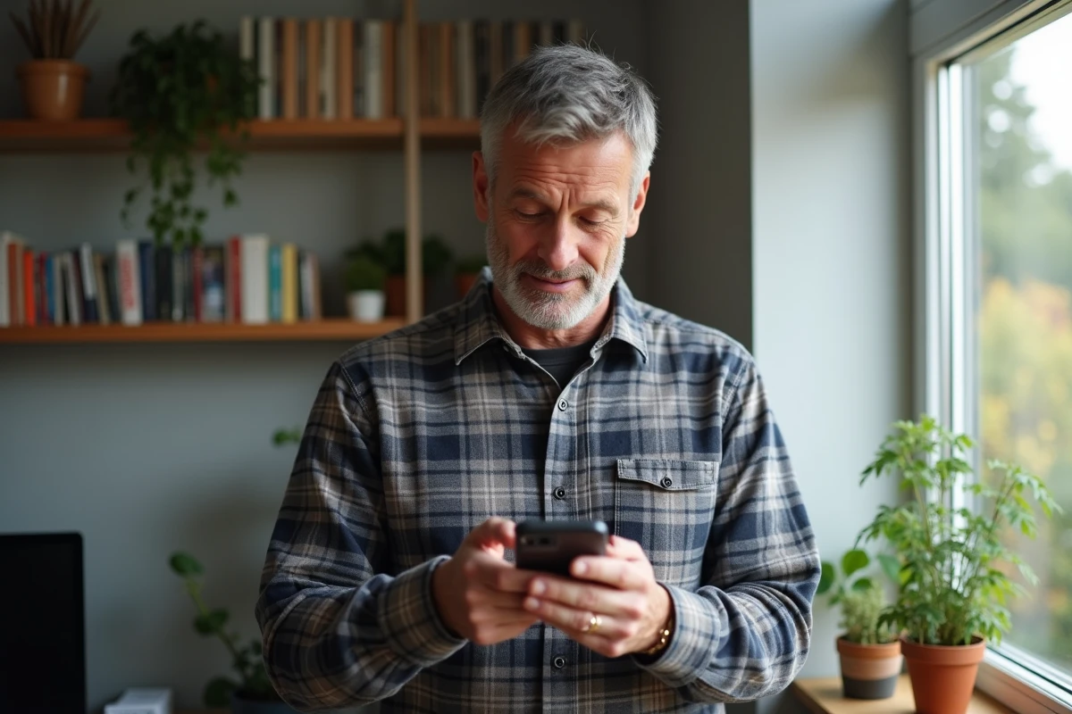 Homme dans un bureau lit un feedback sur smartphone