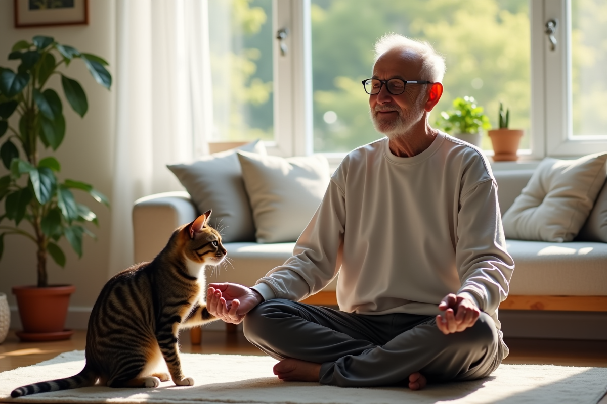 Homme âgé pratiquant la pleine conscience avec un chat dans un salon lumineux
