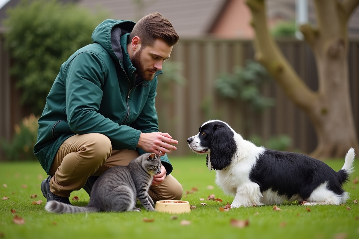 Jeune homme donnant à manger à son chien et chat dans le jardin