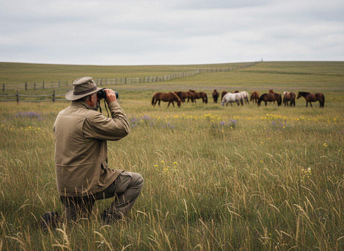 Homme en plein air observe un troupeau de chevaux sauvages