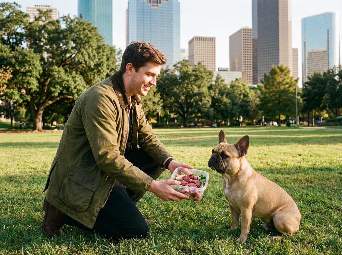 Jeune homme donne nourriture à son chien dans un parc urbain