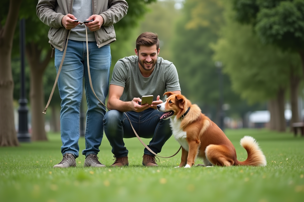 Jeune homme avec son chien dans un parc vérifiant une app