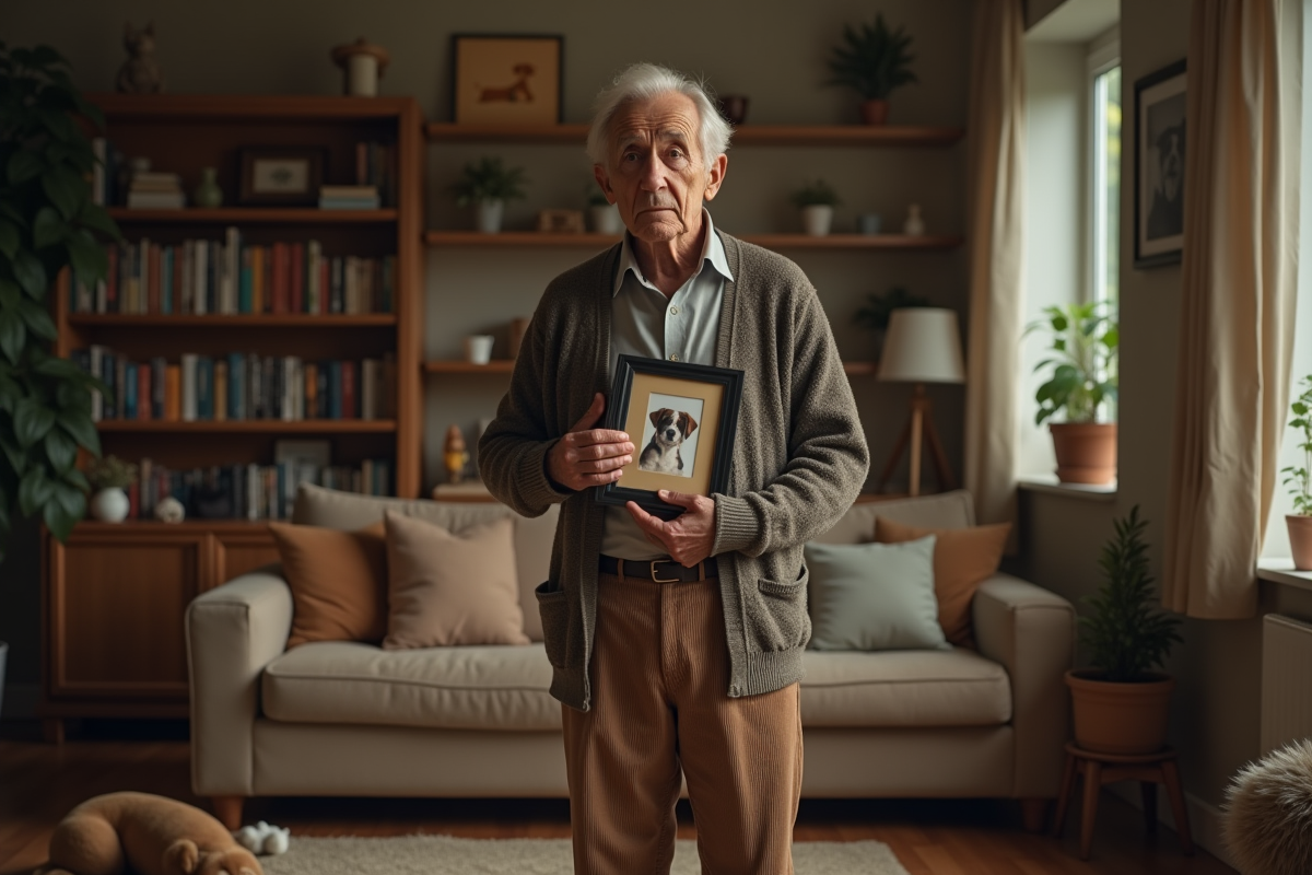 Homme âgé tenant une photo de chien dans un salon chaleureux