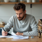 Jeune homme avec chat en cuisine en train de noter
