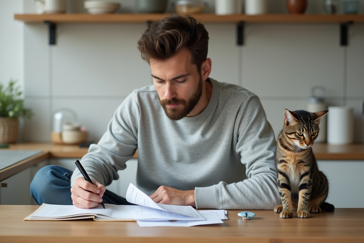 Jeune homme avec chat en cuisine en train de noter