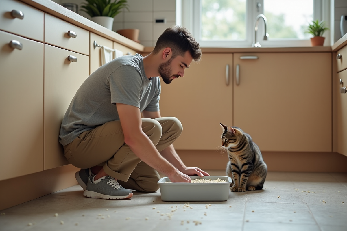 Homme remplaçant la litière dans la cuisine avec un chat attentif