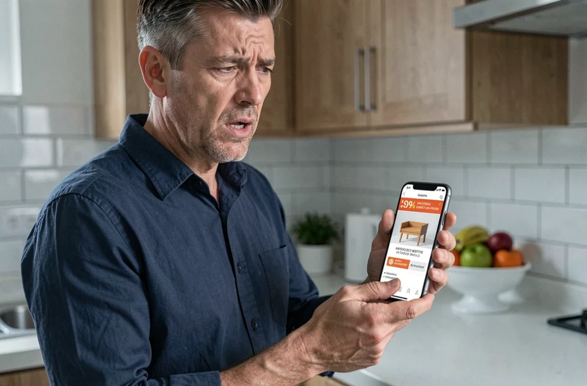 Homme consultant son smartphone face à une fausse boutique avec de faux avis clients et arnaques en ligne