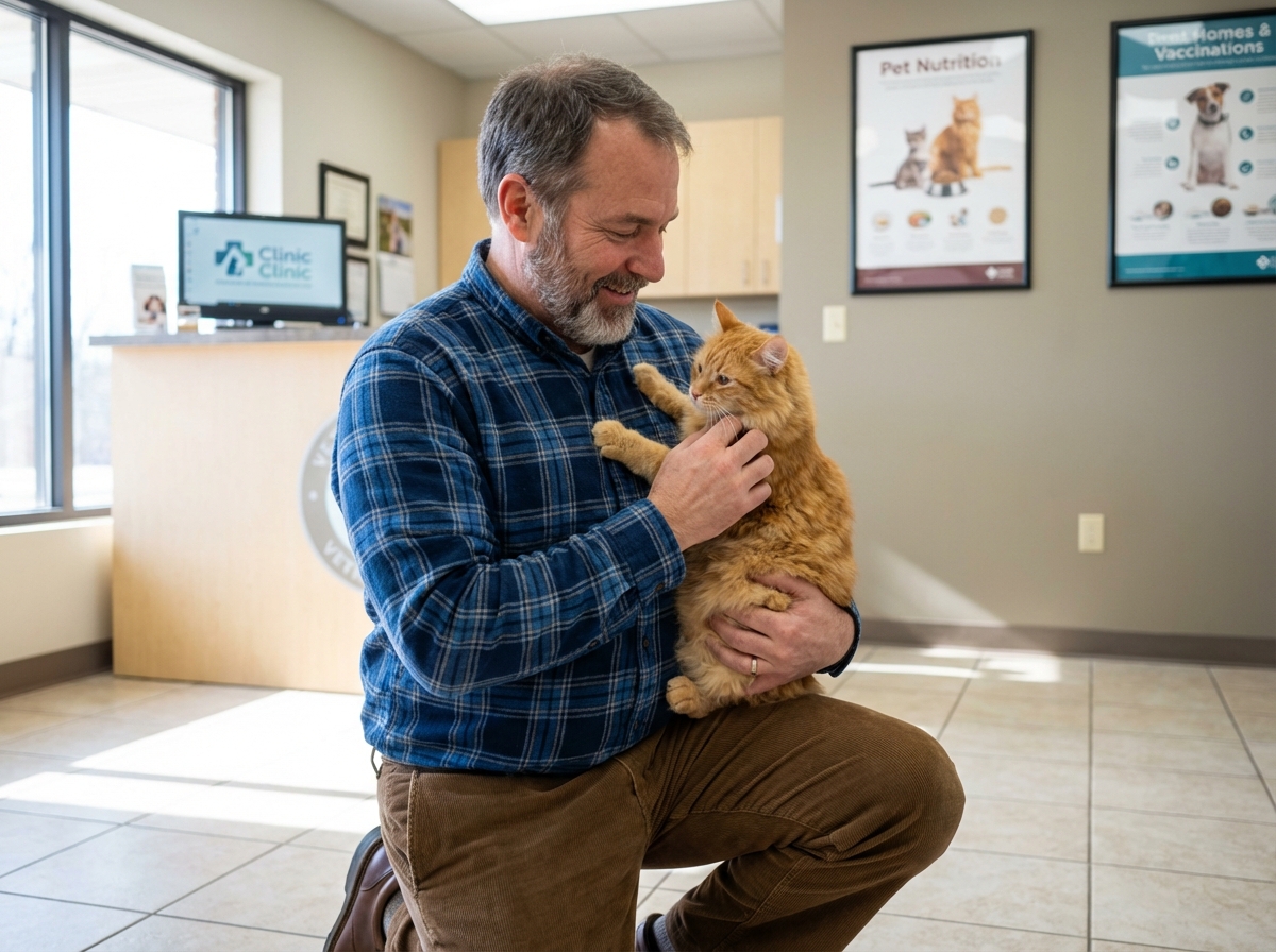 Vétérinaire avec chat orange dans un cabinet animalier