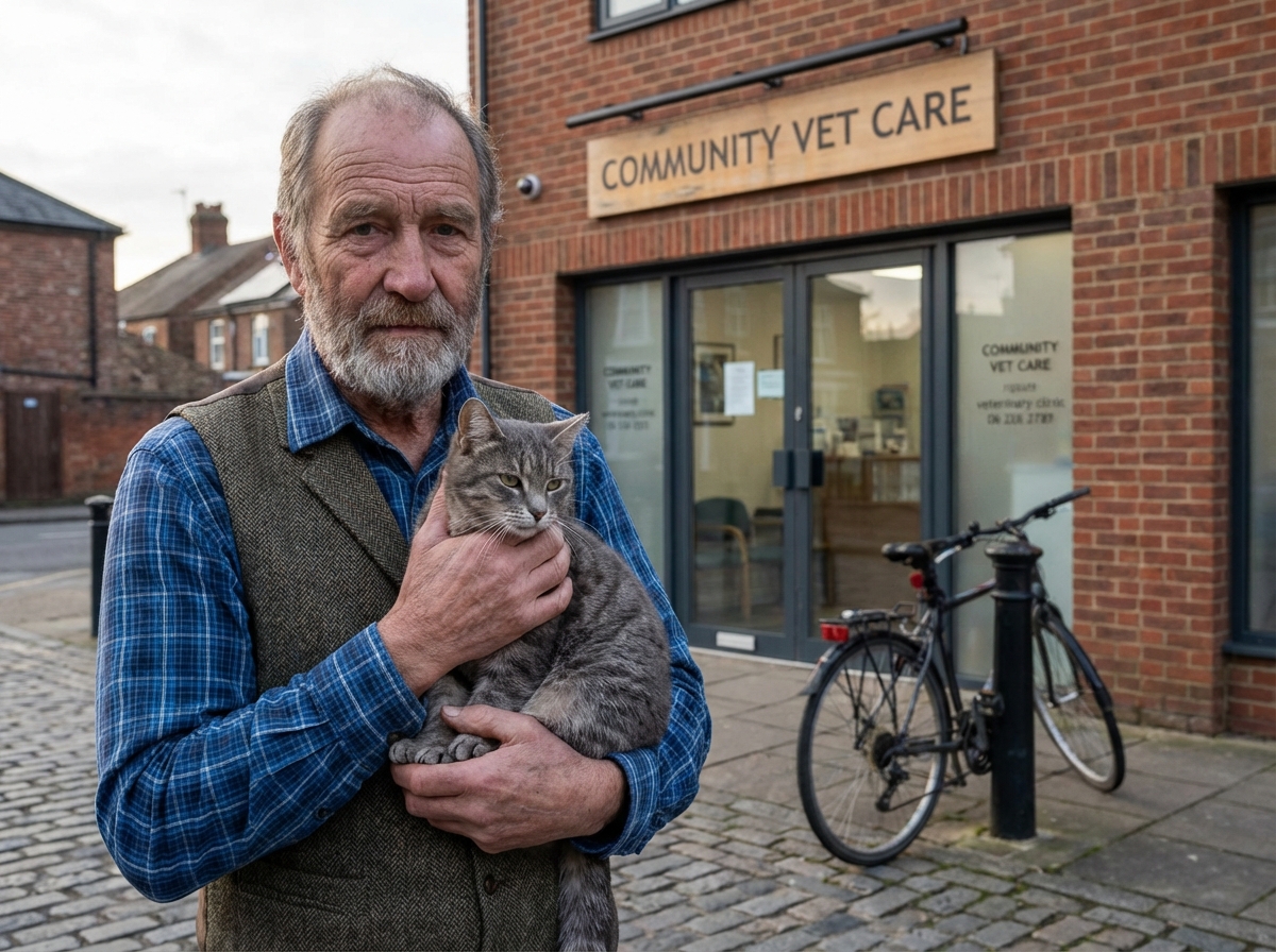 Homme avec chat devant une clinique veterinaire en extérieur
