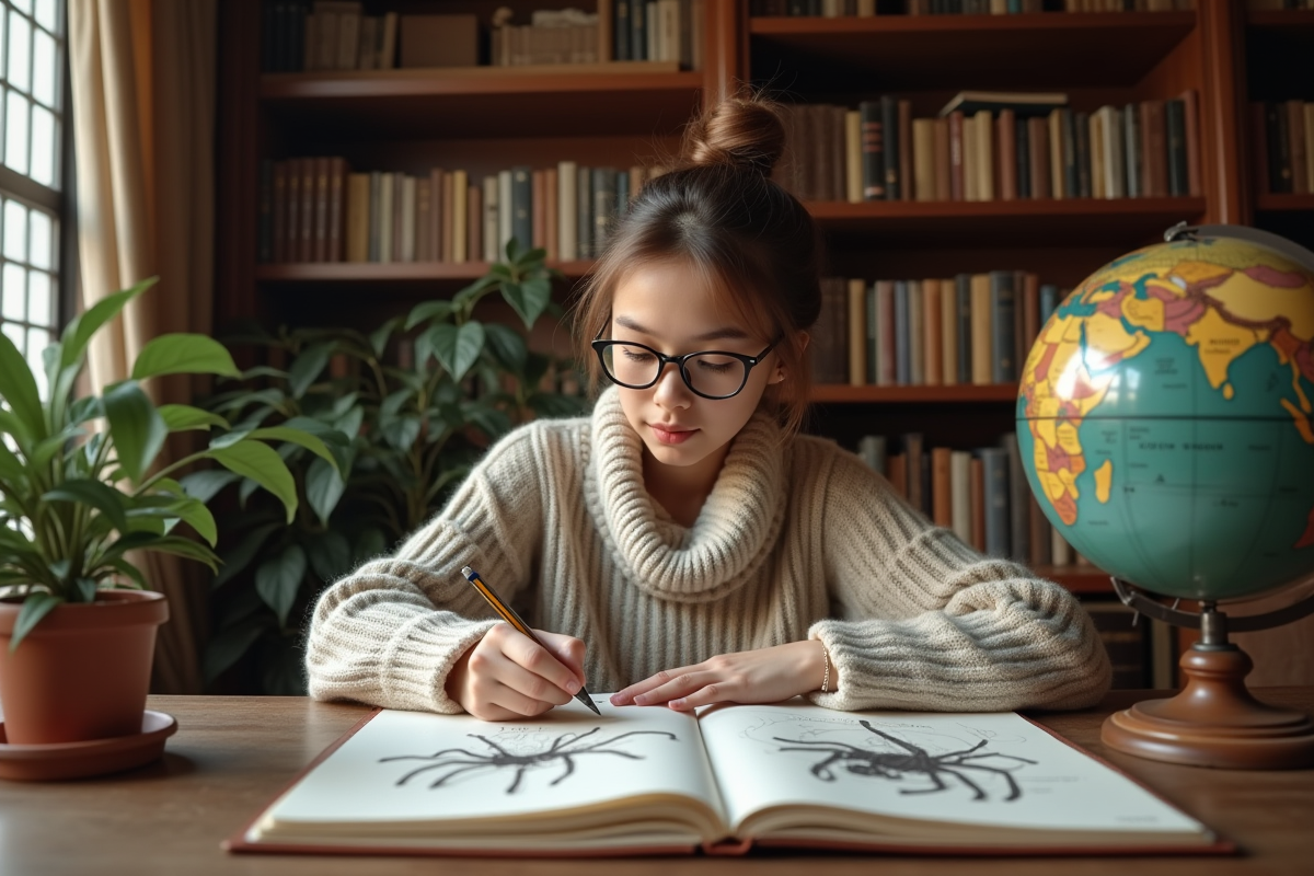 Jeune illustratrice esquissant le knifespider dans son studio