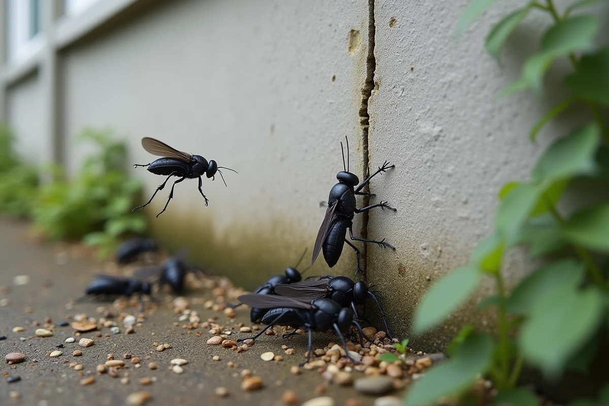 Plusieurs gros insectes noirs volants regroupés près d'une fissure dans un mur extérieur de maison, vue environnementale