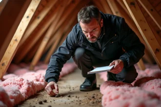 Inspecteur en attic examine des déjections animales